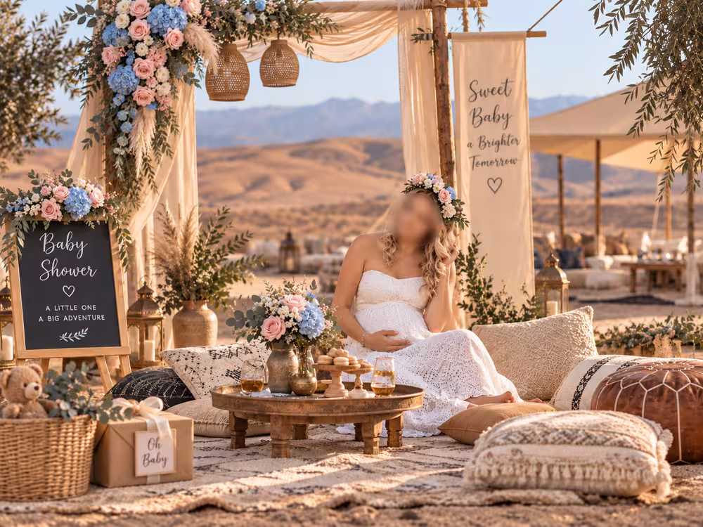 Une installation de baby shower luxueuse dans le désert d'Agafay présentant une femme enceinte dans une robe élégante assise sur des coussins de sol sous une arche florale décorée avec un panneau « Sweet Baby », créée par Marrakech Lux Events.