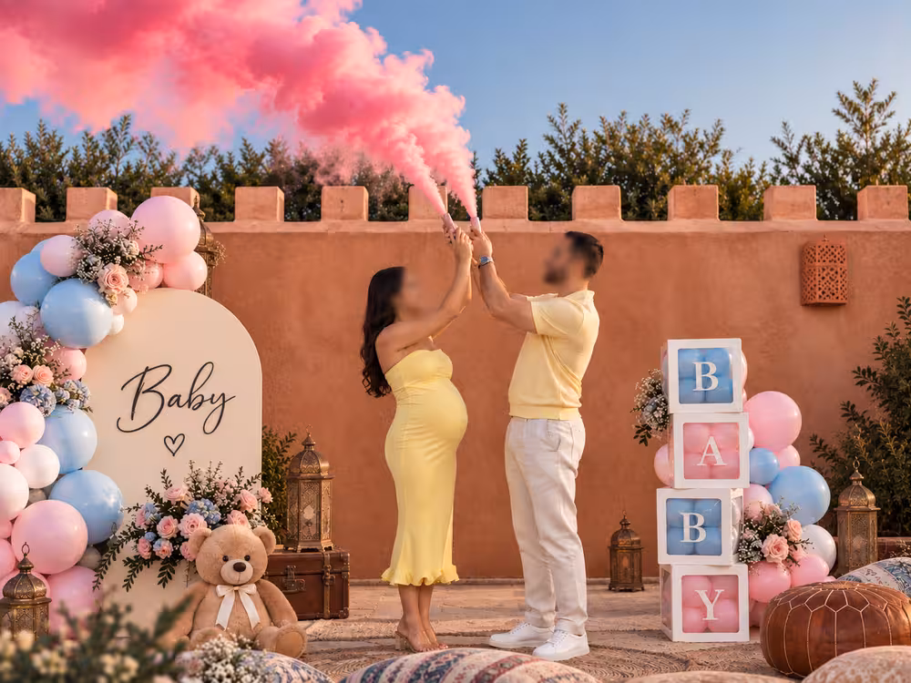 Un couple de futurs parents en tenues jaunes célébrant la révélation du sexe de leur bébé avec des fumigènes roses devant un mur traditionnel marocain décoré de ballons bébé et d'un ours en peluche, organisé par Marrakech Lux Events.