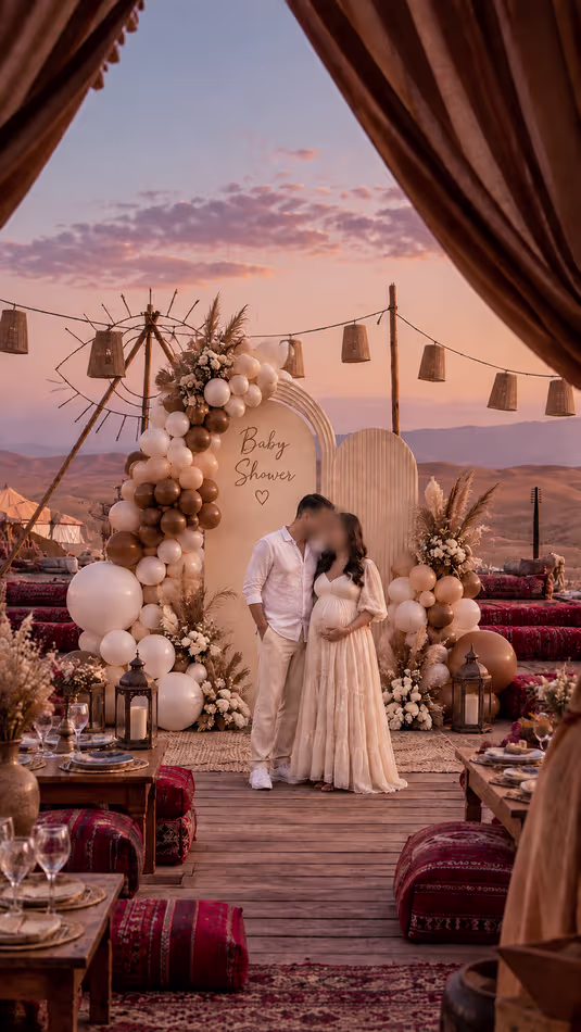 Boho baby shower setup with floor cushions in the Agafay Desert