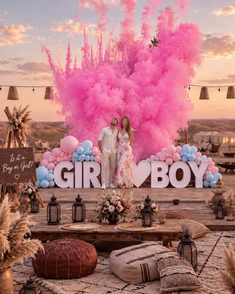 Gender reveal celebration with pink smoke in the desert